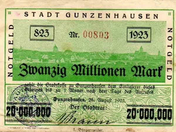 Notgeld der Stadt Gunzenhausen - 20 Millionen Mark