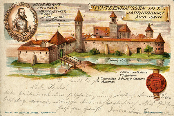 Postkarte aus den 1890er Jahren mit Stadtansicht und Simon Marius
