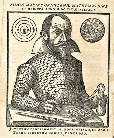 Einziges Porträt von Simon Marius in seinem Hauptwerk 'Mundus Iovialis' 1614
